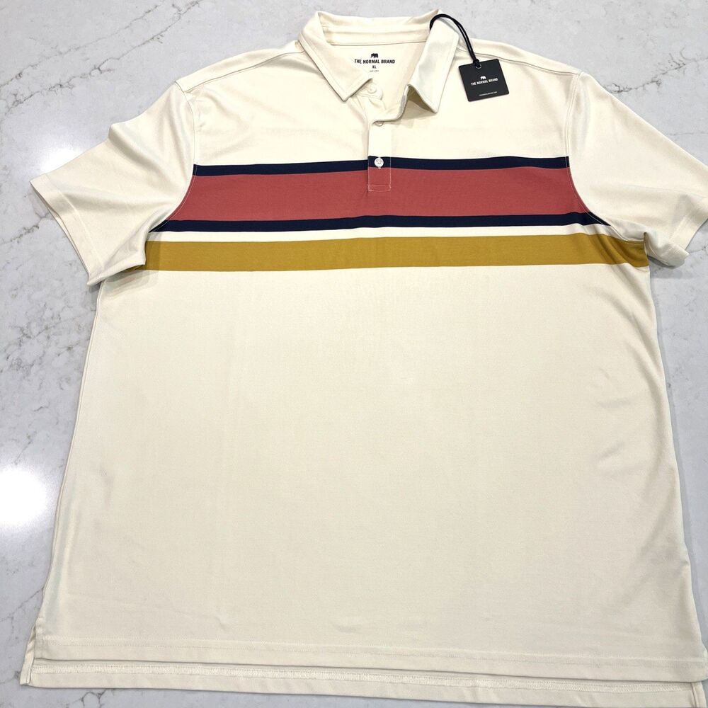 The Normal Brand‎ NEW Mens XL Chip Pique Polo Cream Mineral Red Stripe Classic